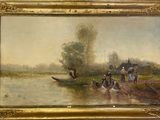 tableau représentant un groupe de personnes sur la rive d'une rivière, avec un bateau dans l'eau