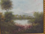 painting of a landscape with a lake and a mountain in the background