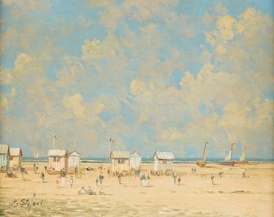 une peinture représentant une scène de plage avec des gens sur le sable