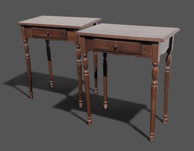 deux tables en bois avec des plateaux et des pieds en marbre, sur fond gris