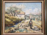 une peinture à l'huile représentant un homme avec un chien et des moutons au bord d'un ruisseau