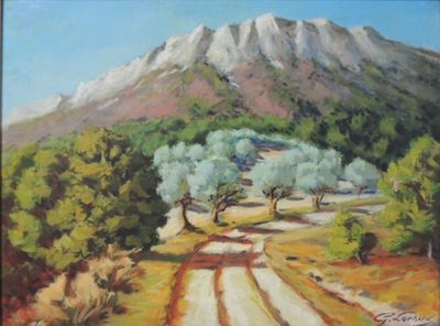 une peinture à l'huile représentant un chemin de terre avec une montagne en arrière-plan