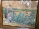 a picture of a painting of a man standing on a hill