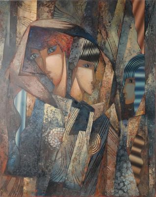 peinture abstraite représentant une femme voilée et un homme coiffé d'un chapeau