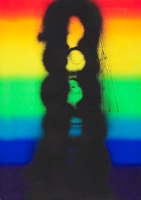 rainbow colored photograph of a person holding a teddy bear in front of a rainbow colored background