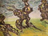 painting of a group of people riding horses in a field