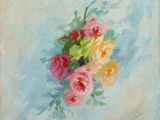 une peinture à l'huile représentant un bouquet de fleurs sur fond bleu