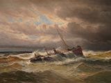 a painting of a boat in the middle of a rough ocean