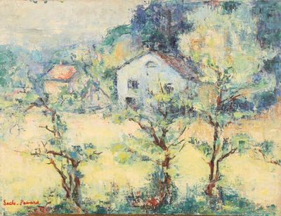 an image of a painting of a house and trees in a field