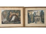 paire d'aquarelles anciennes représentant une cascade et une cascade