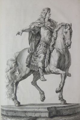 drawing of a statue of a man riding a horse on a platform