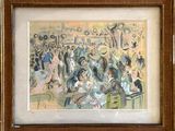 painting of a group of people in a room with a clock on the wall