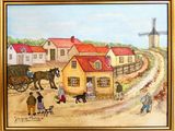 tableau représentant une scène de vie à la campagne avec une calèche tirée par un cheval et deux personnes