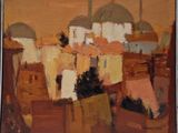 an oil painting of a view of a town with a clock tower in the distance