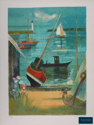 une peinture représentant un bateau sur l'eau, avec d'autres bateaux dans l'eau