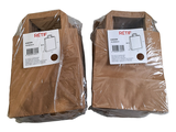 two bags of brown clothing sitting on top of a white surface
