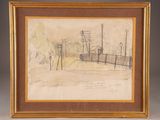 a drawing of a landscape with power lines and telephone poles