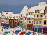 tableau représentant une rue enneigée avec des voitures garées sur le bord de la route