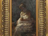 an old painting of a woman holding a cat in a gold frame