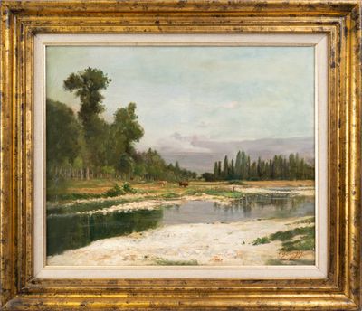 une peinture d'une rivière avec des arbres en arrière-plan