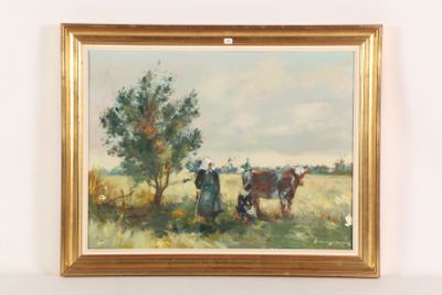 a painting of a man and a cow in a field
