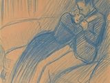 dessin représentant un homme assis sur une chaise tenant un chat