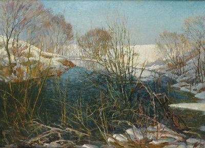 painting of a stream in a snowy landscape with snow on the ground