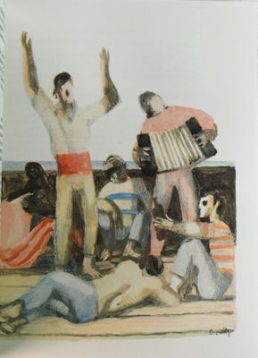 un tableau représentant un groupe de personnes jouant de la musique sur la plage