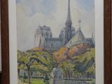 aquarelle encadrée représentant une vue d'une cathédrale dans un parc