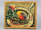 peinture représentant un oiseau posé sur une assiette, une fleur dans le bec