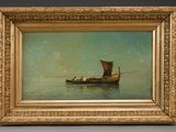 an oil painting of a boat in a body of water