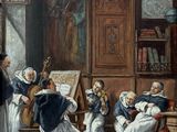 peinture d'un groupe de personnes assises autour d'une table dans une pièce