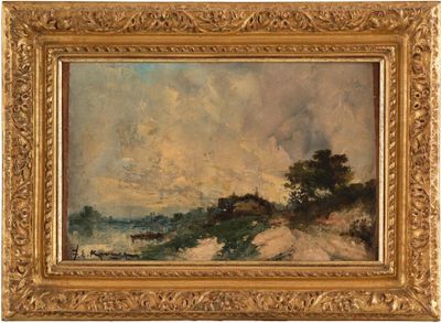 un tableau représentant un paysage avec des arbres et des nuages