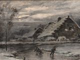 painting of a winter scene with a horse drawn sleigh in the foreground