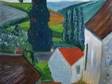une peinture à l'huile représentant une vue d'un village avec une église au premier plan