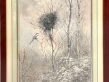 une image représentant un tableau où l'on voit un oiseau perché sur un nid dans un arbre