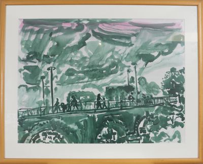 painting of a bridge with people walking across it in a wood frame