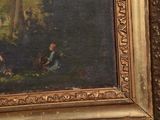 a picture of a painting of a woman and two children in the woods