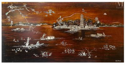 une peinture à l'huile représentant un bateau sur un plan d'eau, avec une montagne en arrière-plan