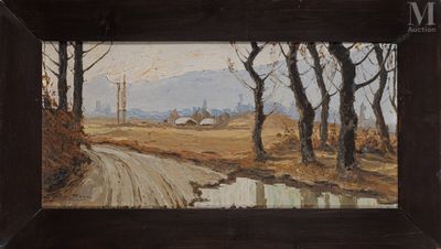 une peinture à l'huile représentant une route de campagne avec une ferme au loin