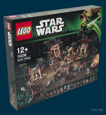 une boîte contenant des sets Lego Star Wars sur fond bleu