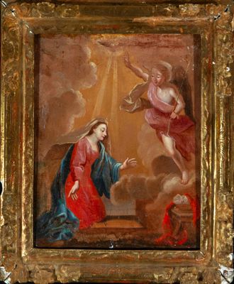 une peinture à l'huile représentant un tableau où figurent une femme et un homme