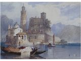 a painting of a boat in a body of water with a castle in the background
