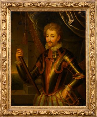 portrait d'un homme en armure tenant une épée et un bouclier