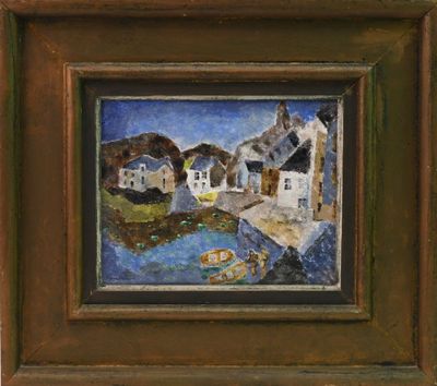 une image représentant un tableau d'un village avec un bateau sur l'eau