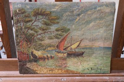a picture of a painting on a easel with a boat in the water
