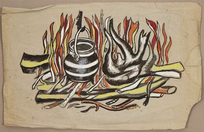 dessin représentant un pot posé sur un feu, avec des flammes en arrière-plan