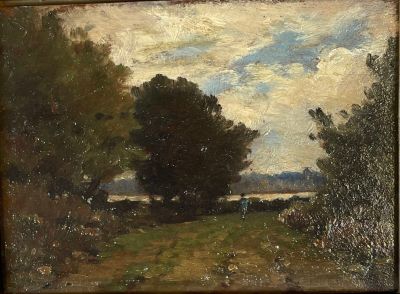 an image of a painting of a field with trees in the background