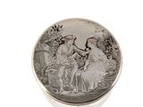 a silver box with a picture of a woman and a man sitting on a bench