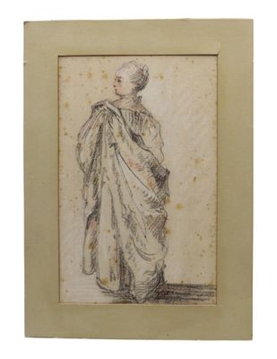 an old drawing of a woman in a white dress